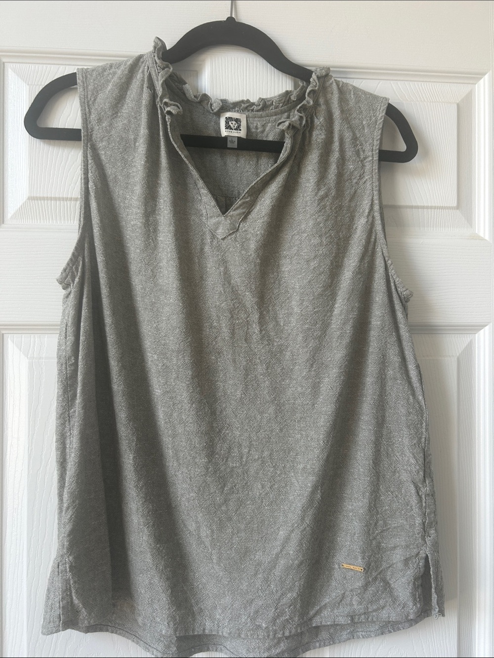 Anne Klein Gray Ruffle-Trim Linen Blend Sleeveless Tank